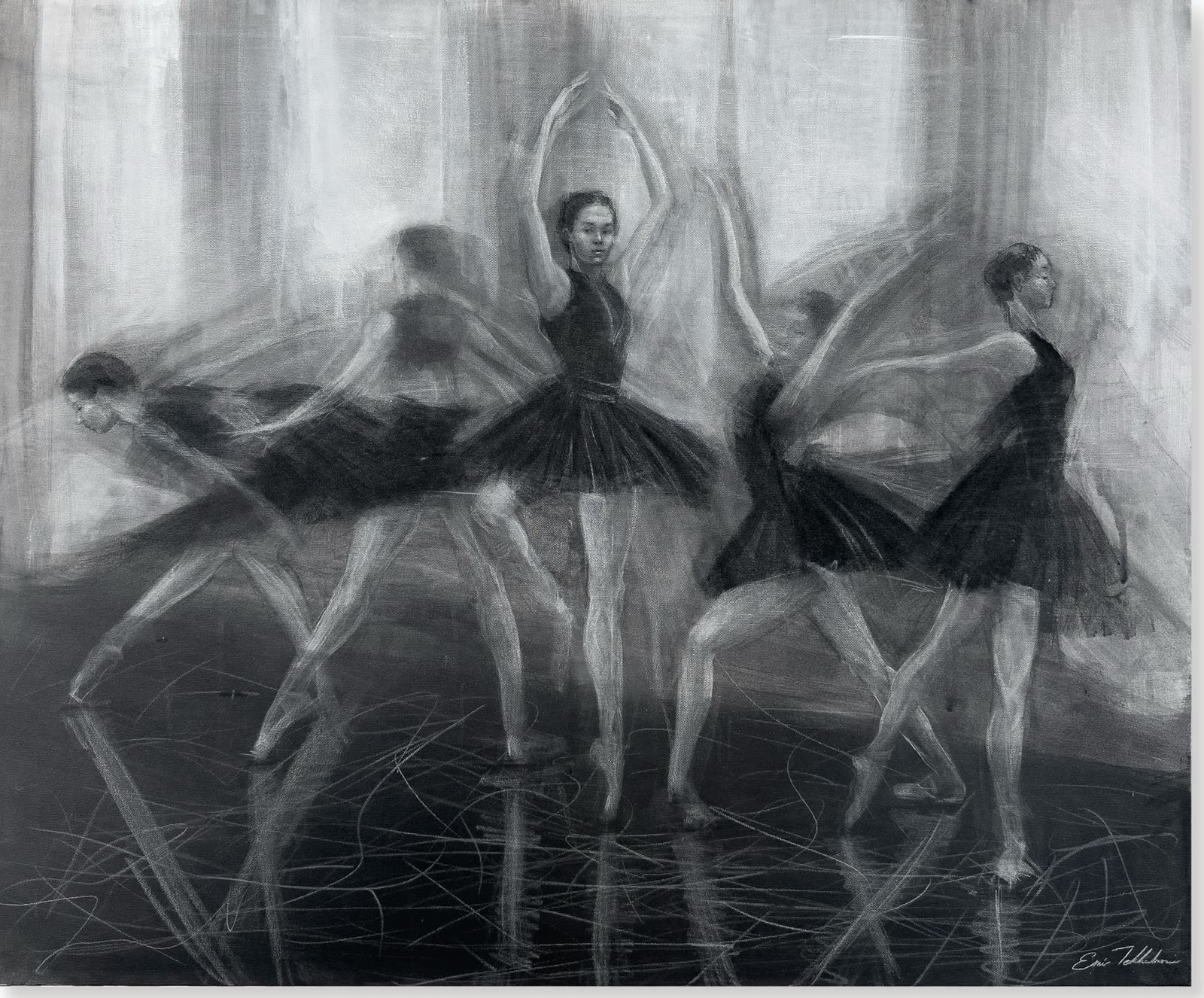A greyscale painting of ballet dancers in motion, their figures blurred and repeated across the canvas.